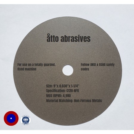 ATTO ABRASIVES Ultra-Thin Sectioning Wheels 9"x0.030"x1-1/4" Non-Ferrous Metals 1W225-075-SN